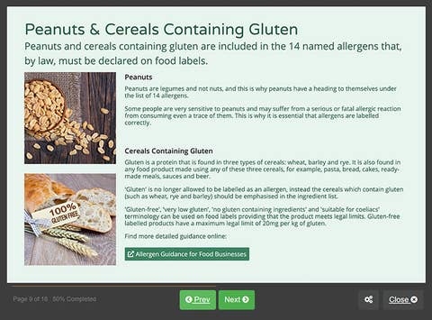 Course screenshot showing peanuts and cereals containing gluten