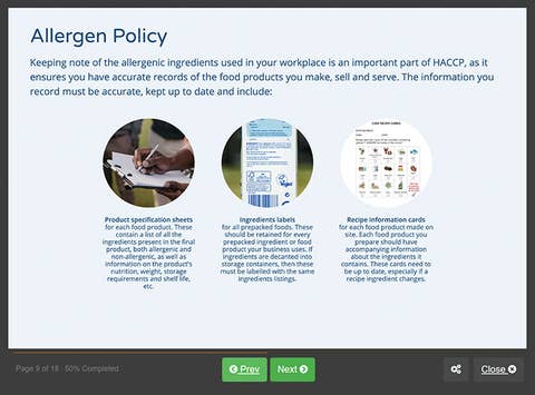 Course screenshot showing an allergen policy