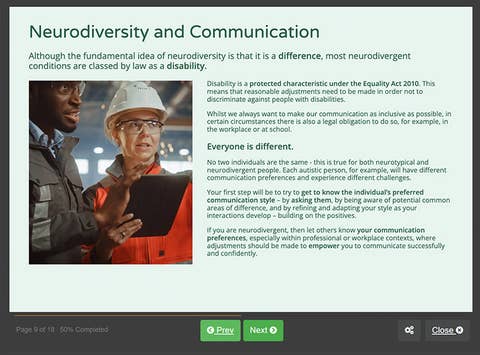 Course screenshot showing neurodiversity and communication