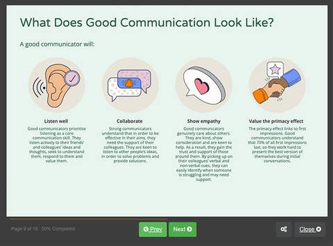 Course screenshot showing what does good communication look like