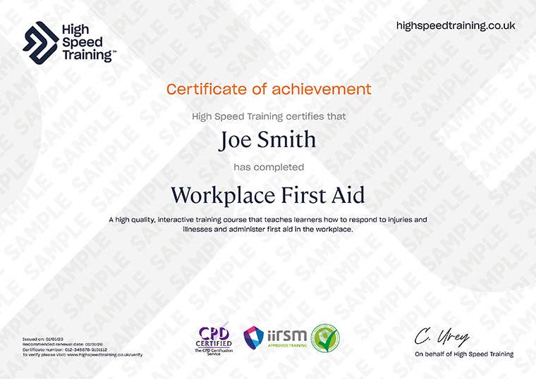 Sample Workplace First Aid certificate