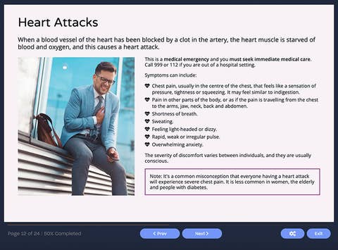 first aid at work courses online Course screenshot showing heart attacks