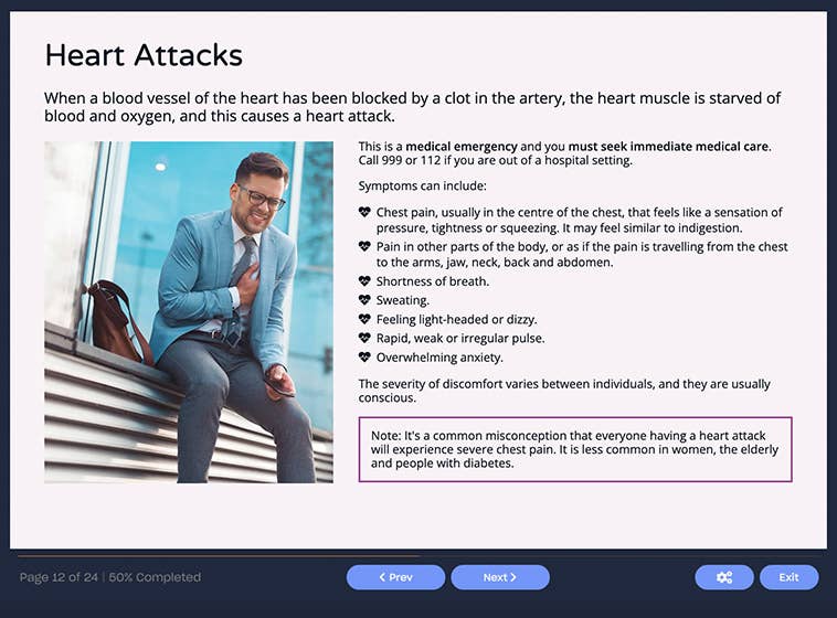 Course screenshot showing heart attacks
