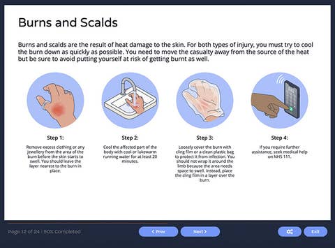 Course screenshot showing burns and scalds