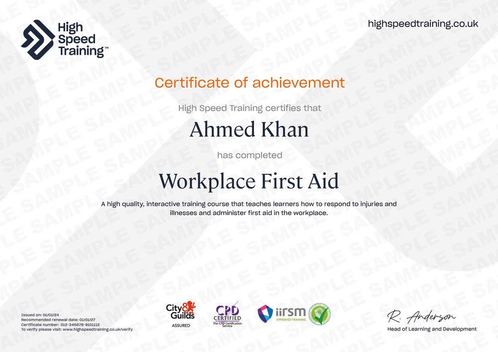 Sample Workplace First Aid certificate
