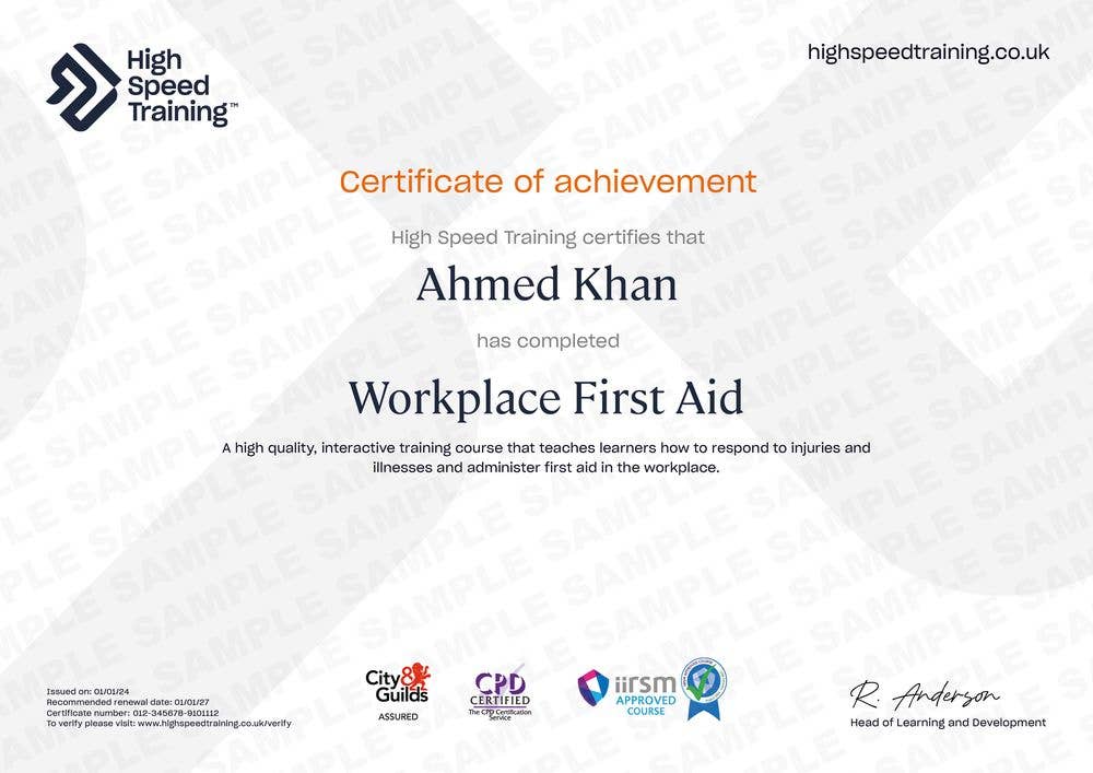 Sample Workplace First Aid certificate
