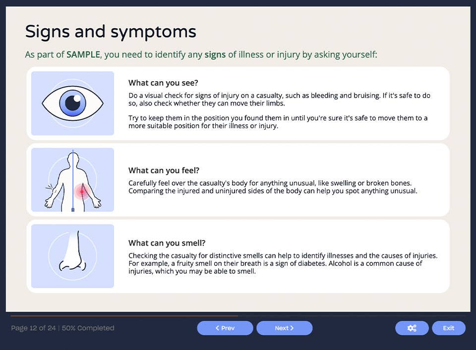 Course screenshot showing signs and symptoms