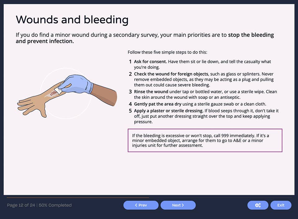 Course screenshot showing wounds and bleeding