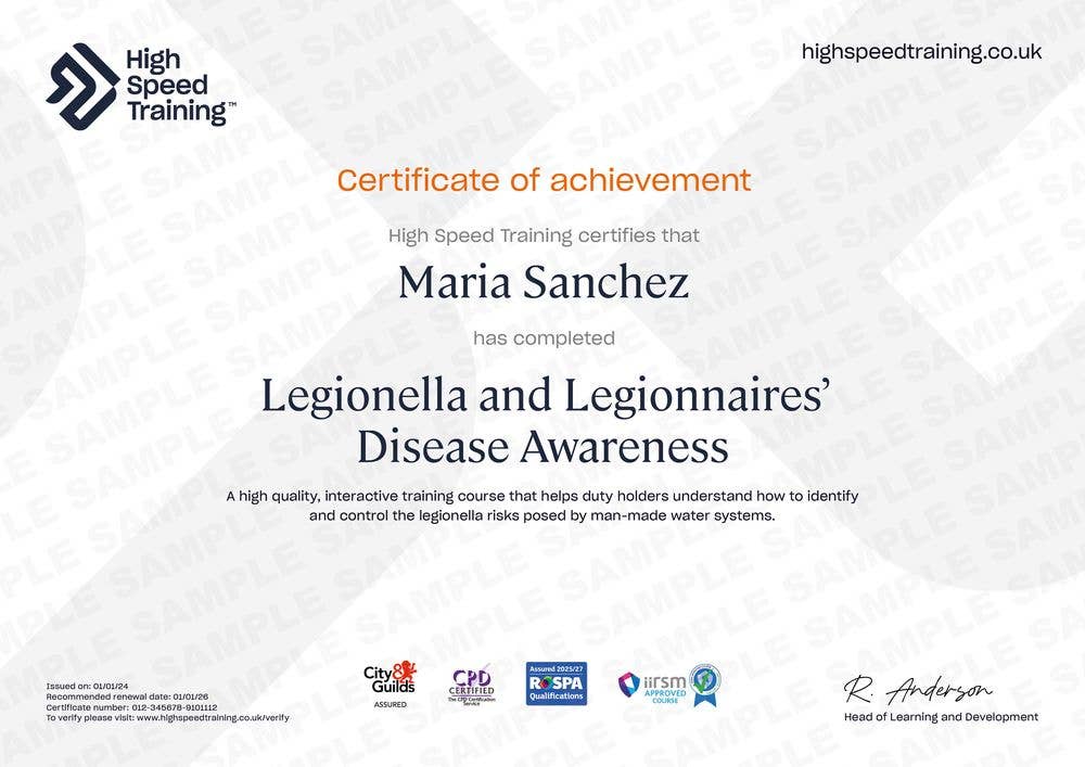 Sample Legionella and Legionnaires' Disease Awareness Certificate