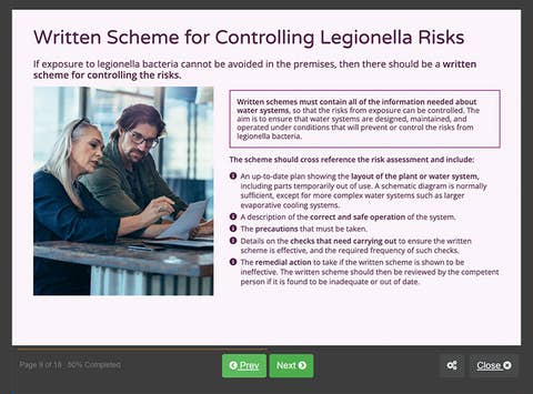 Course screenshot showing the written scheme for controlling legionella risks