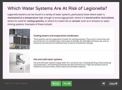 Course screenshot showing which water systems are at risk of legionella