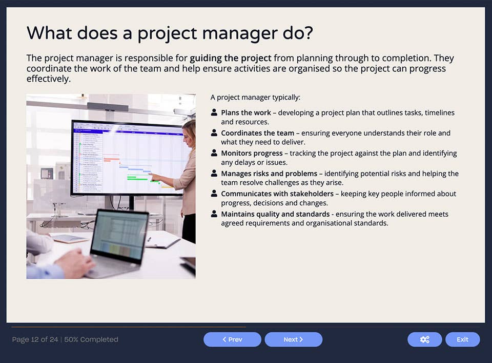 A screenshot of the slide: What does a project manager do?