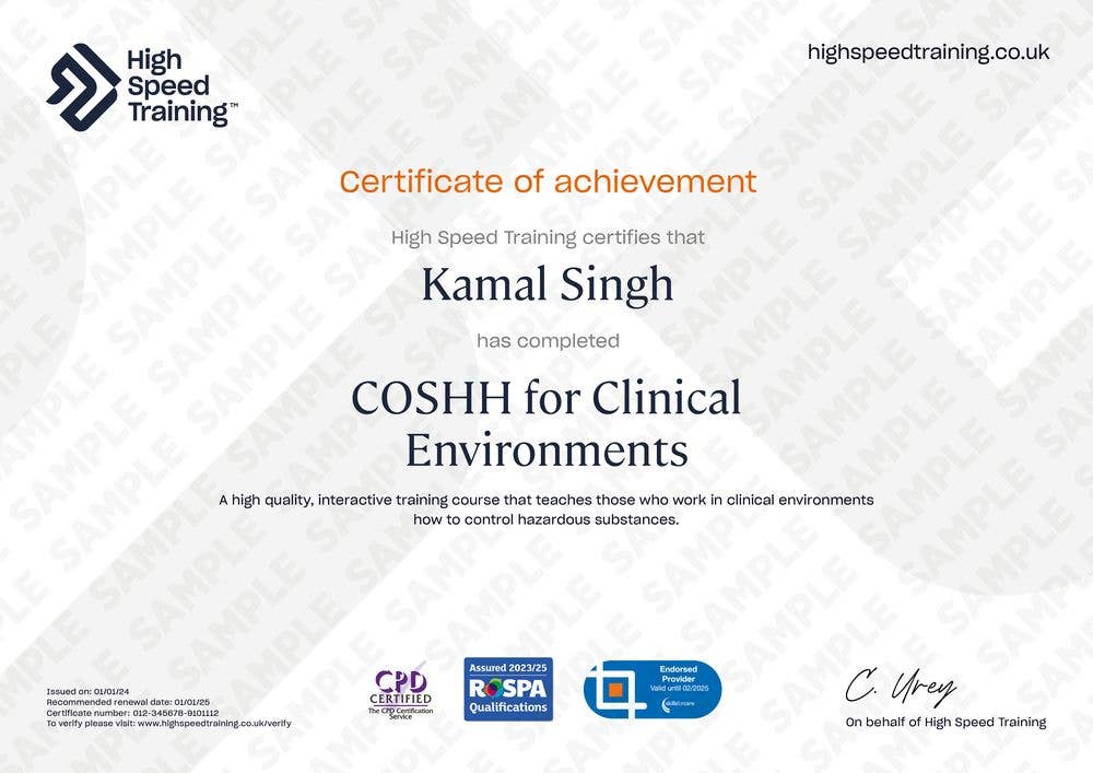 Example Certificate for the COSHH for Clinical Environments Course