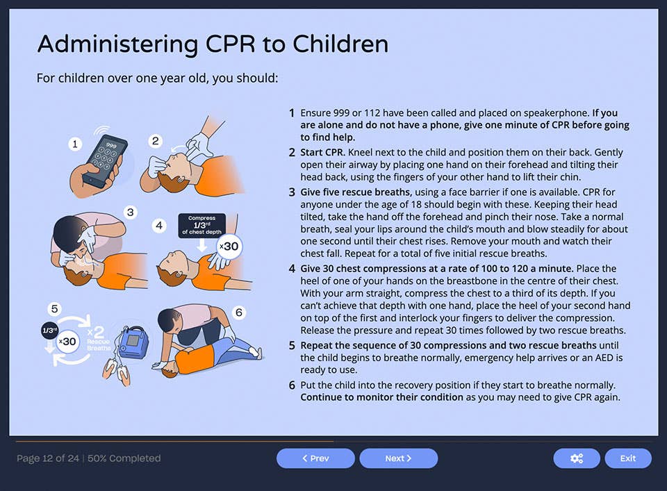 Course screenshot showing how to administer CPR to children