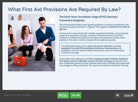 Course screenshot showing what first aid provisions are required by law