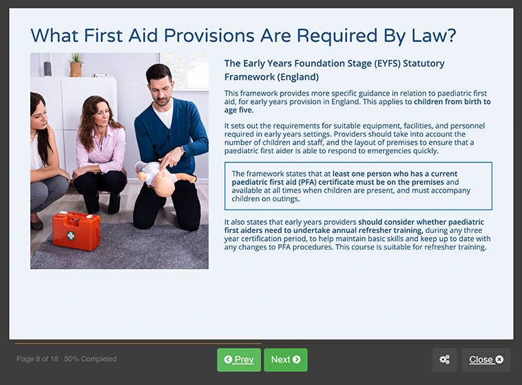 Course screenshot showing what first aid provisions are required by law