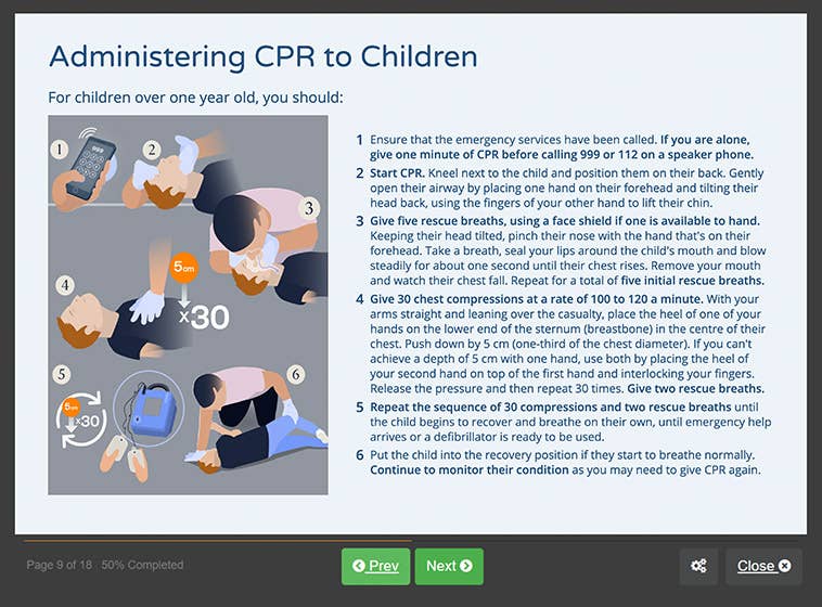 Course screenshot showing how to administer CPR to children