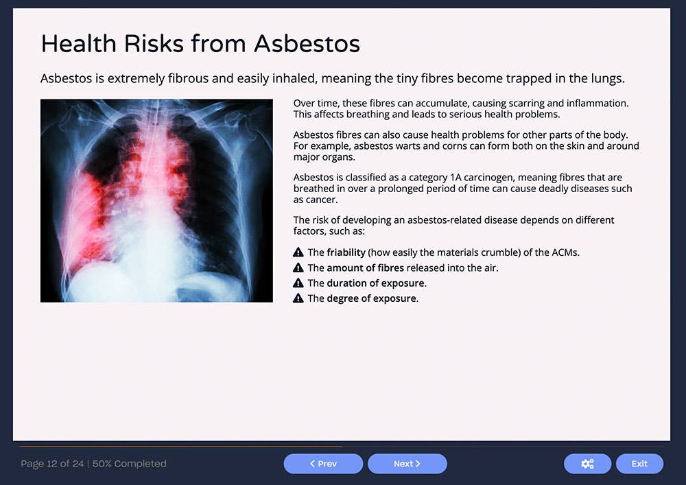 Course screenshot showing the health risks from Asbestos