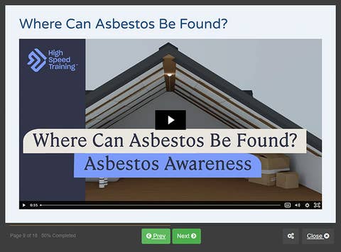 Course screenshot explaining where asbestos can be found