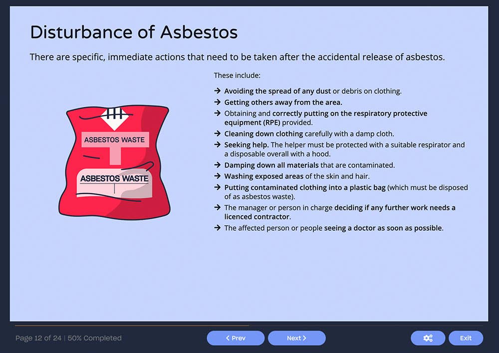 Course screenshot showing disturbance of Asbestos