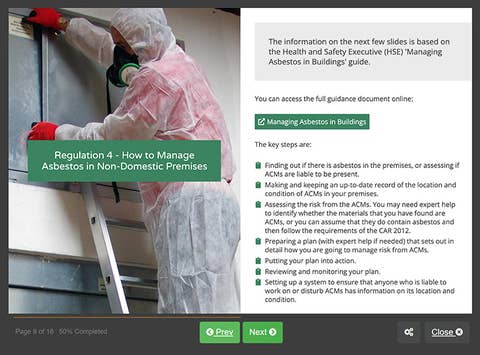 Course screenshot showing how to manage asbestos in non-domestic premises