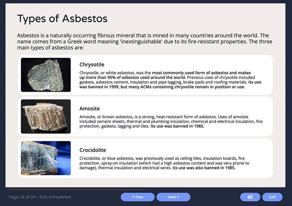 Course screenshot showing types of asbestos