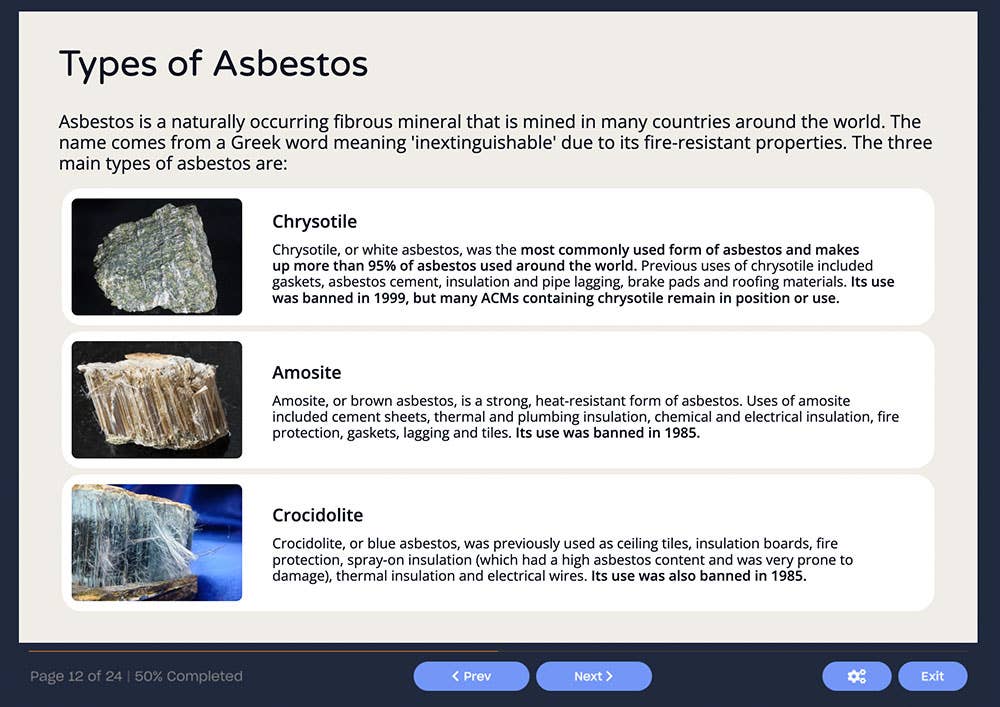 Course screenshot showing types of asbestos