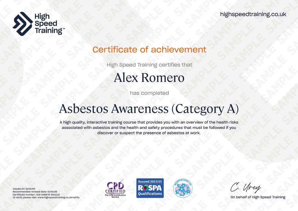 Sample Asbestos Awareness (Category A) Certificate