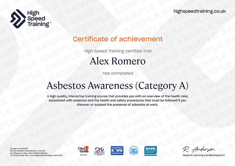 Sample Asbestos Awareness (Category A) Certificate