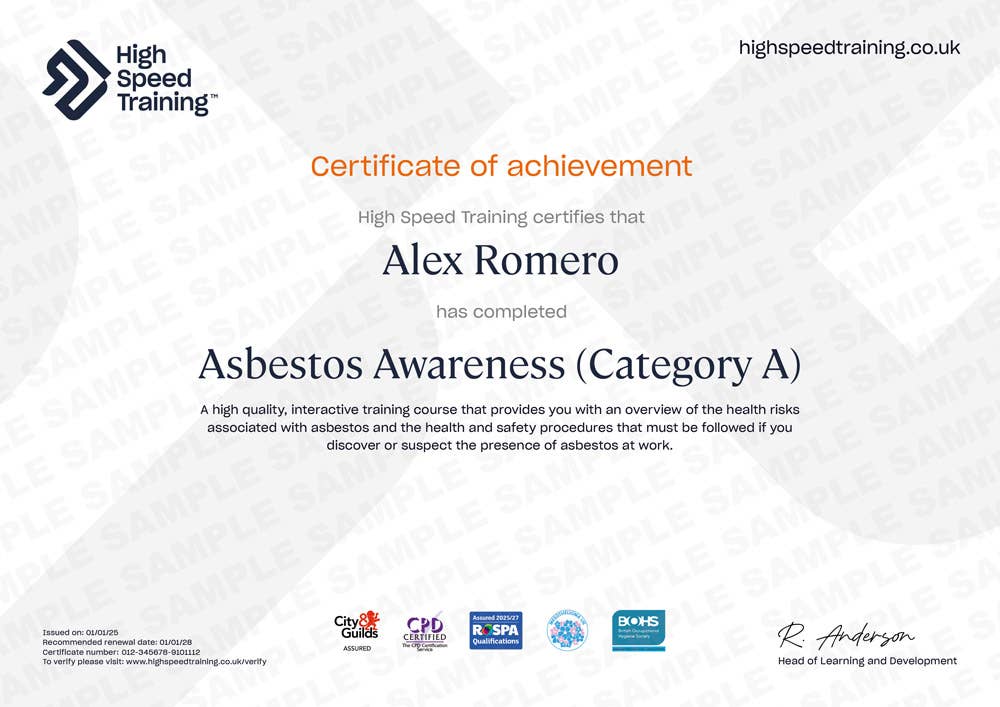 Sample Asbestos Awareness (Category A) certificate