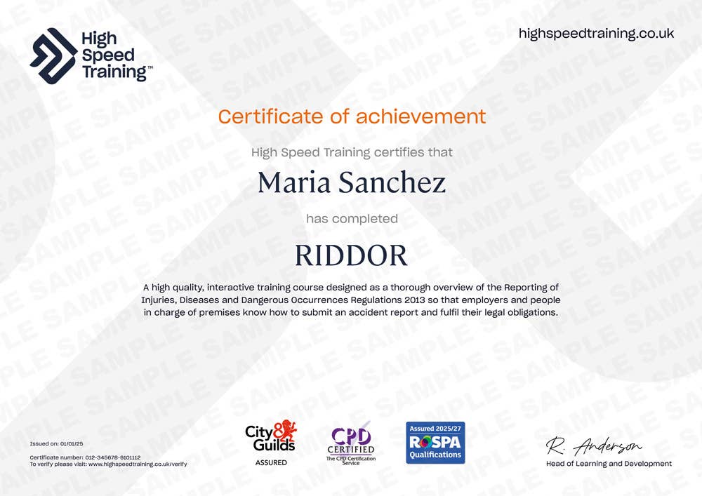 Sample RIDDOR certificate