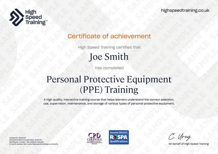 Sample Personal Protective Equipment (PPE) Certificate