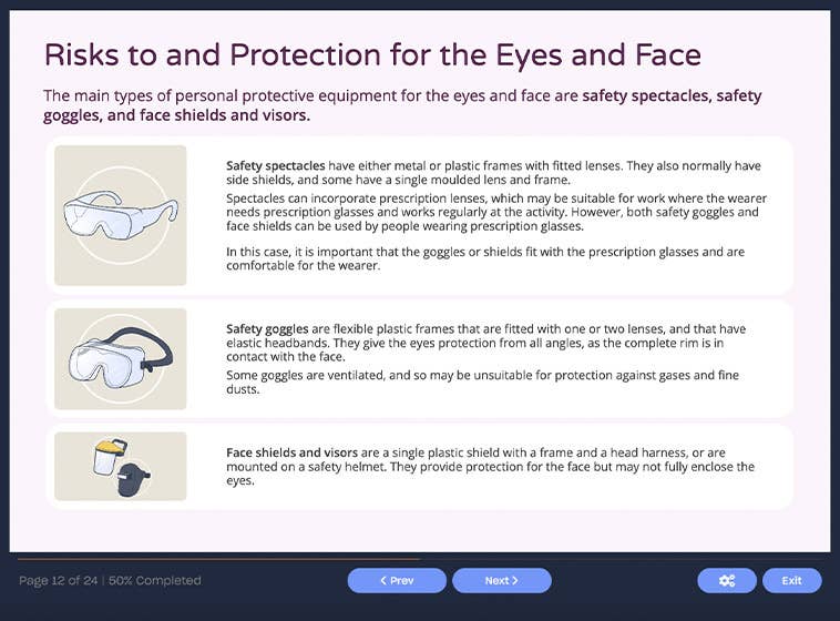 Course screenshot showing risks to and protection for the eyes and face