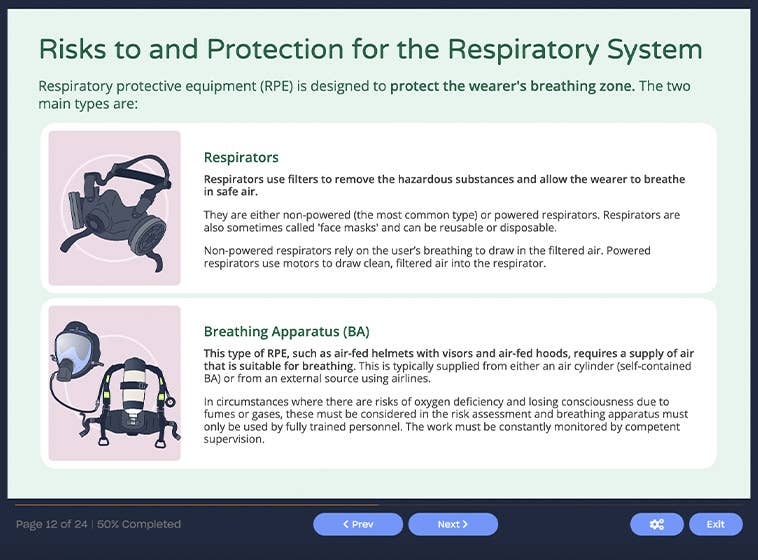 Course screenshot showing risks to and protection for the respiratory system