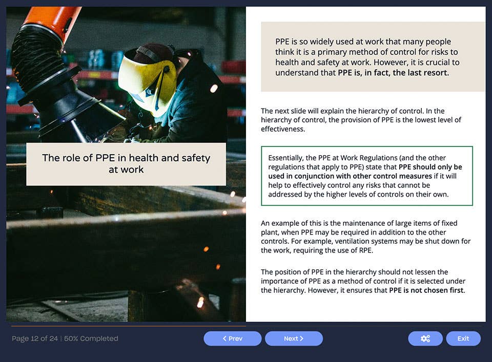 Course screenshot showing the role of ppe