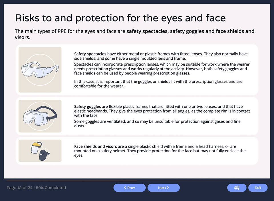 Course screenshot showing risks to and protection for the eyes and face