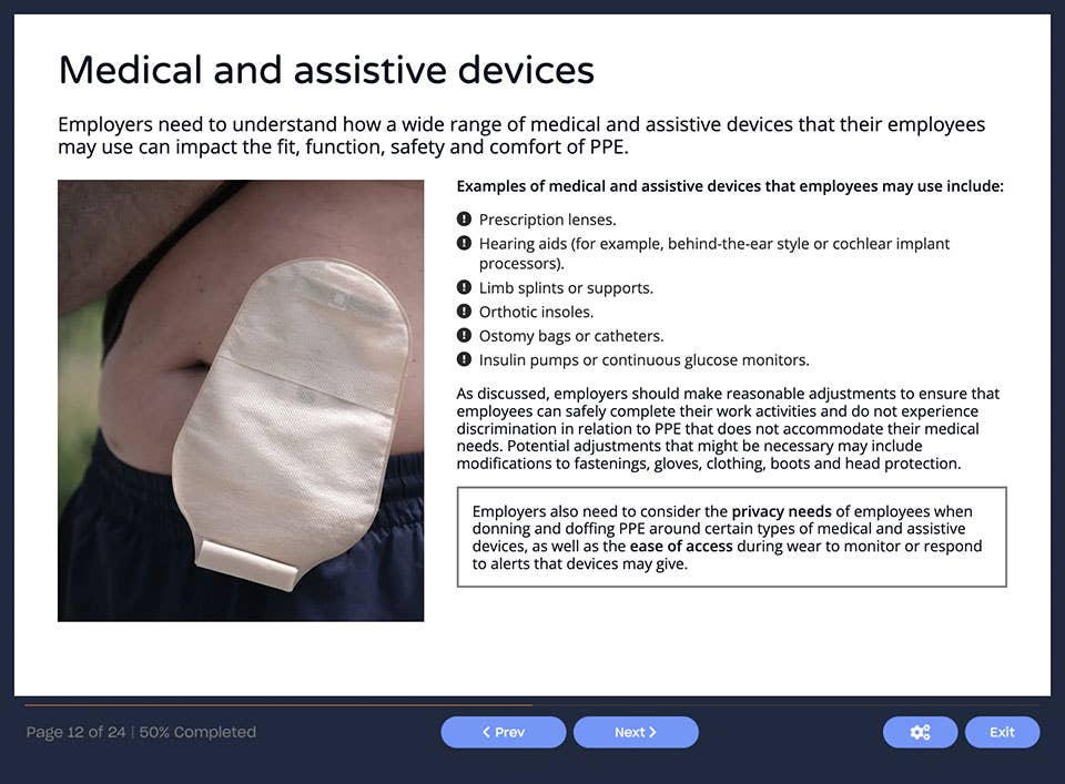 Course screenshot showing inclusive PPE for medical and assistive devices 