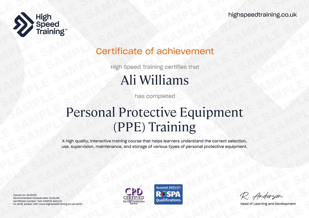 Sample Personal Protective Equipment (PPE) Training certificate