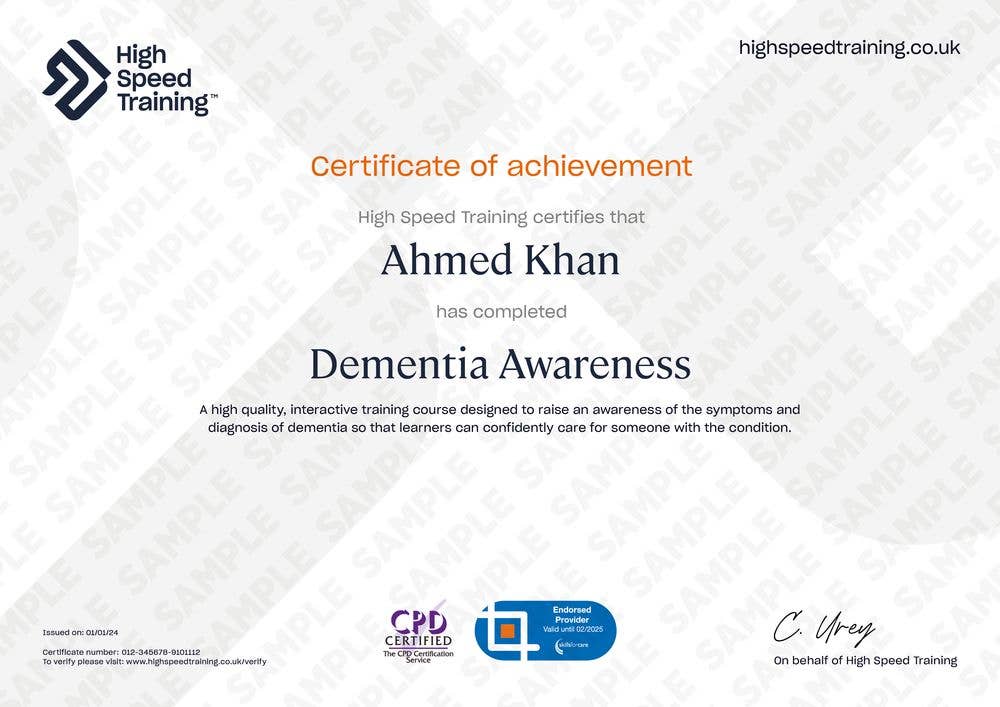 Example Certificate for the Dementia Awareness Course