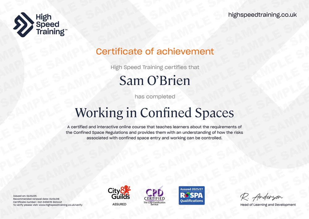 Sample Working in Confined Spaces certificate