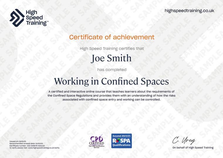 Working in Confined Spaces - Example Certificate