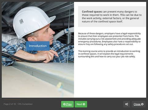 Course screenshot showing the specified risks in confined spaces