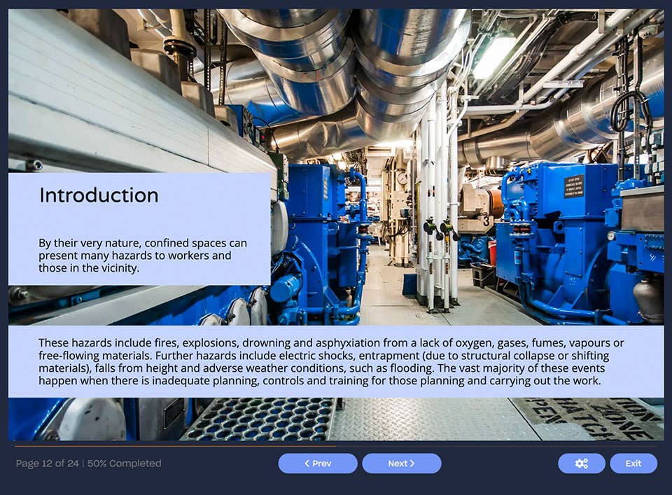 Course screenshot showing the specified risks in confined spaces
