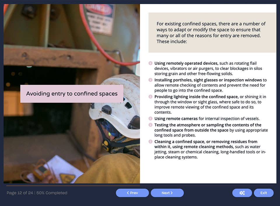 Course screenshot showing information, instruction and training