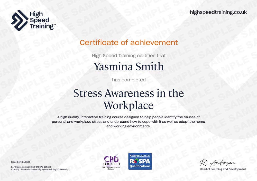 Sample Stress Awareness in the Workplace training certificate