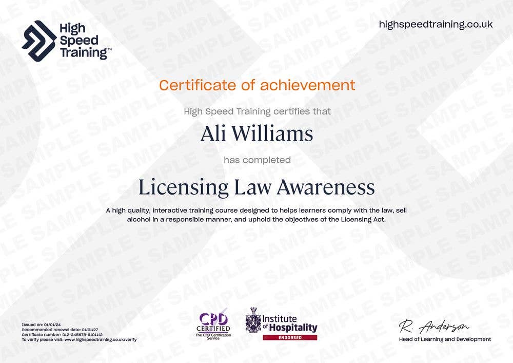 Sample Licensing Law Awareness Certificate