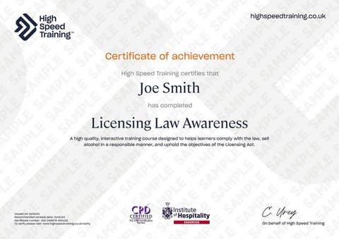 Sample Licensing Law Awareness Certificate