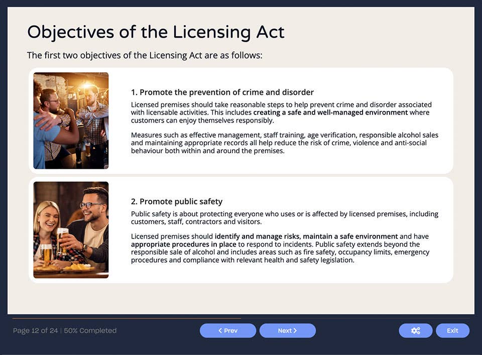 Course screenshot showing the objectives of the Licensing Act