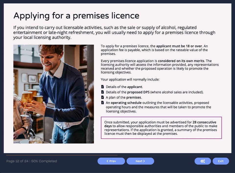 Course screenshot showing applying for a premises licence