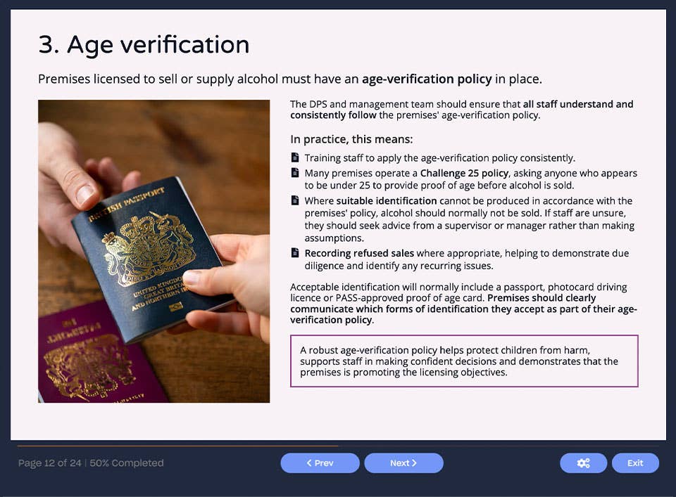Course screenshot showing age verification